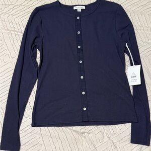 Navy blue long sleeve top with button-up front and ribbed texture. Size: S